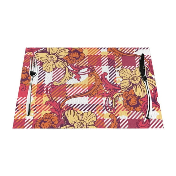 YFYANG Washable Heat-Resistant Placemats, 70% PVC/30% Polyester, Red Baroque Floral Texture Kitchen Table Mat, 12" x 18" 1 Pcs