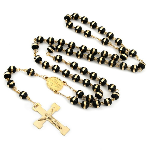 Rosary Cross Pendant Necklace Black Beads Catholic Christian Jewelry for Woman/Men 14K Yellow Gold Prayer Accesorie