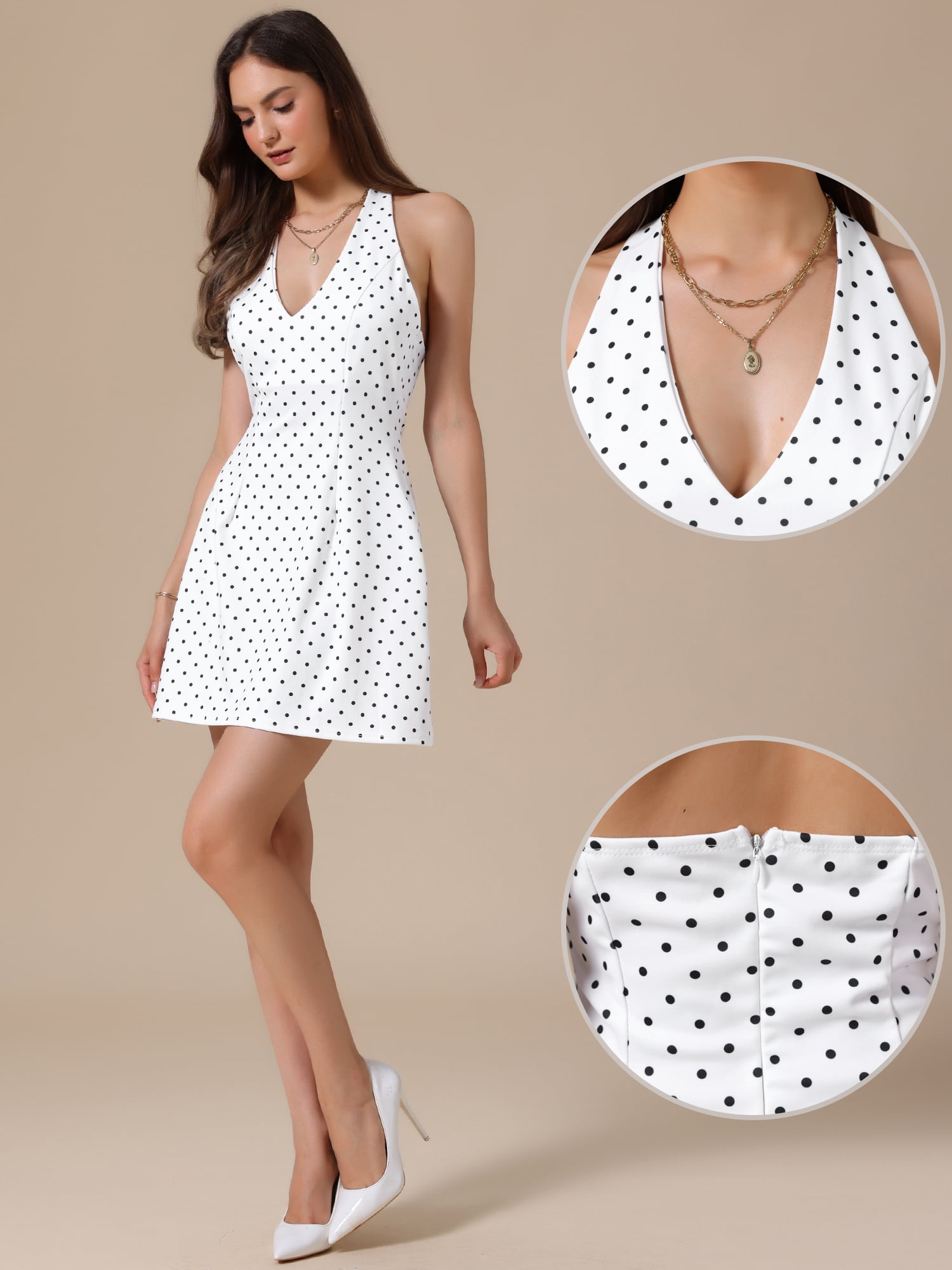 DARING DIVA Women's Polka Dots Dresses Halter Neck Sleeveless Mini Dress M White