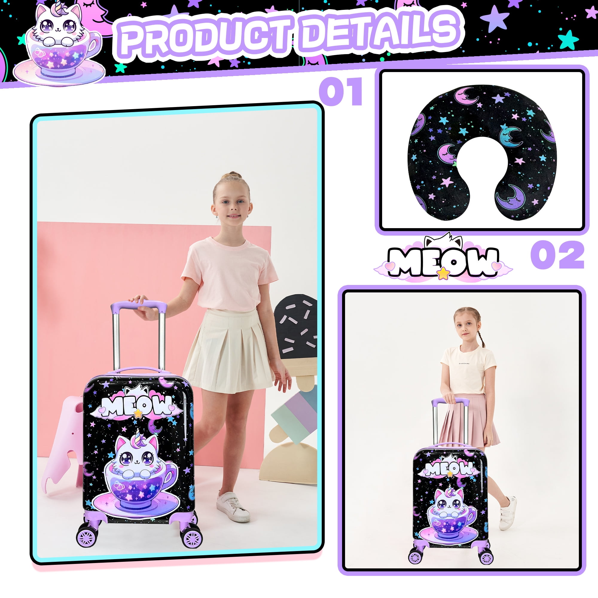 Kids Carry on Luggage Sets for Girls Rolling Small Suitcases with Wheels Travel Essentials for Kids with Travel Pillow 16 Inch Purple Cat