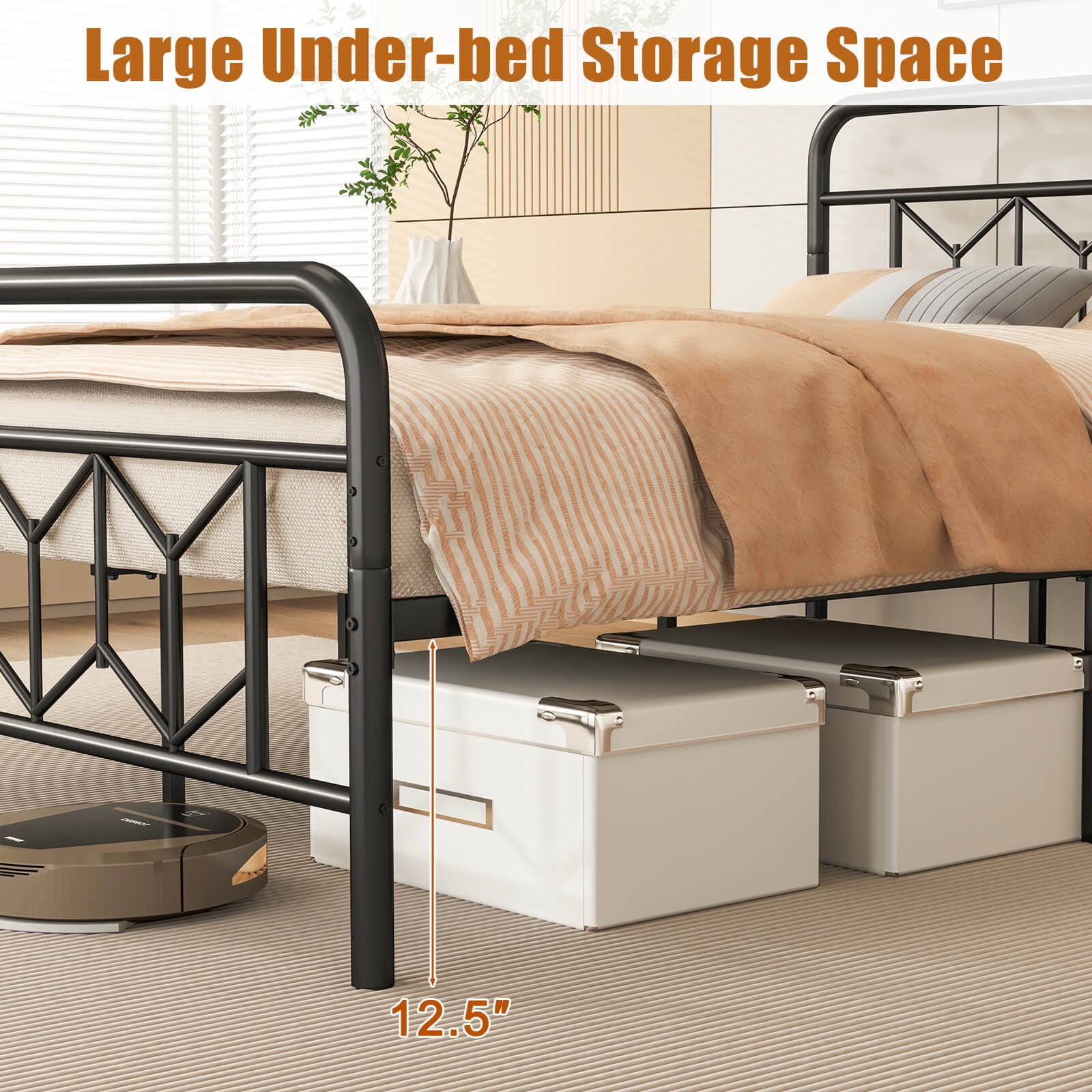 Infans Queen Size Bed Frame Mattress Foundation w/ Headboard 12.5" Under-bed Storage