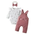 thumbnail image 2 of Baby Girl Clothes Print Romper + Suspender Pants +Headband Outfit Set Pink 0-3 Months, 2 of 7