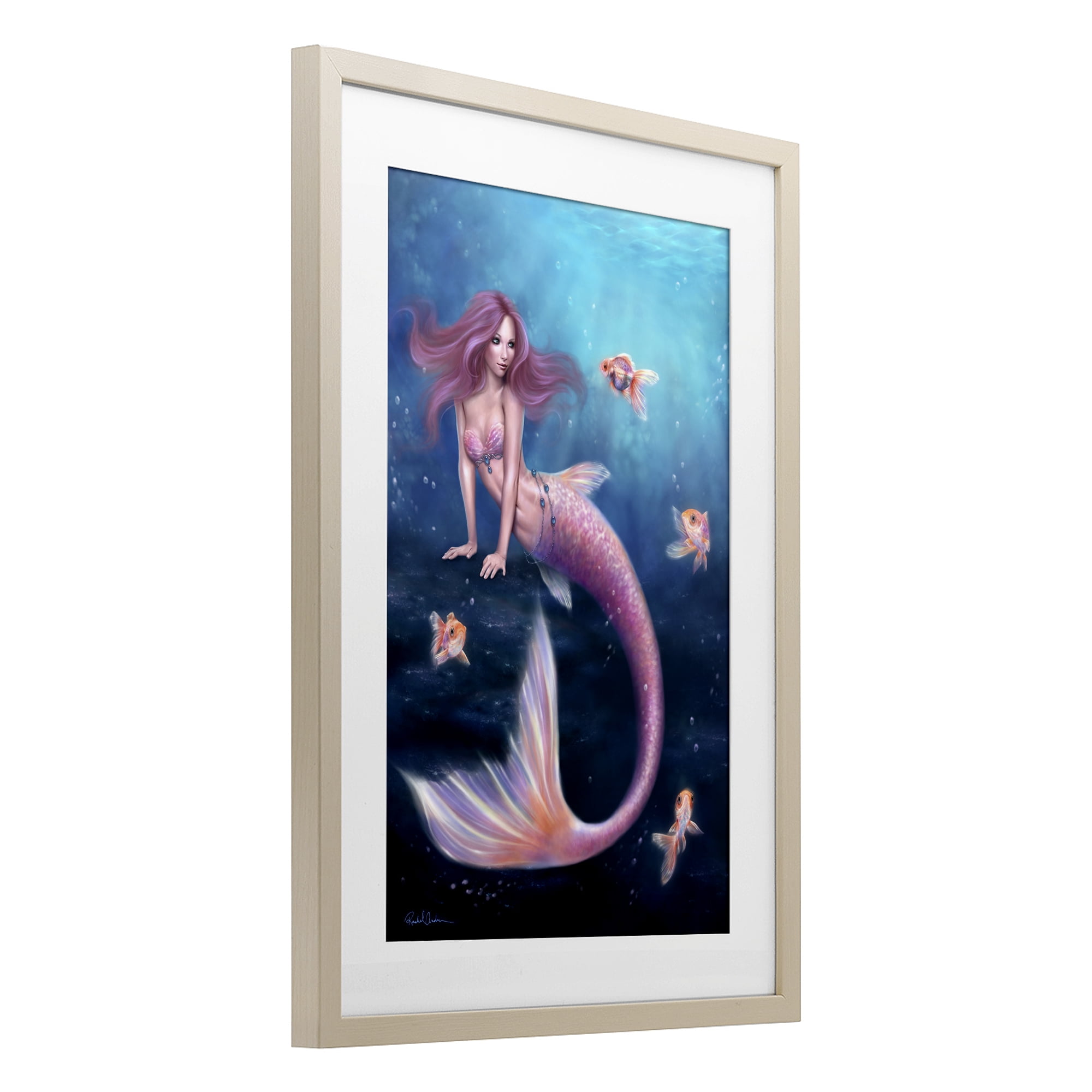 Aurelia Mermaid & Fish Birch Framed Print Under Glass, design by Rachel Anderson
