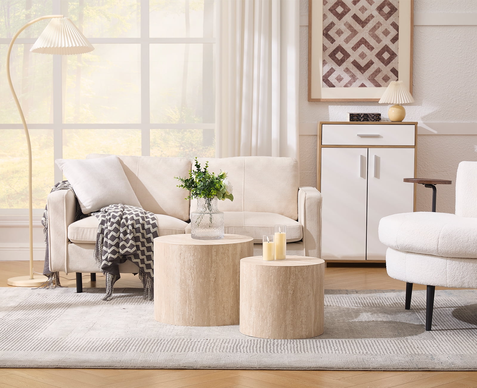 Guyou Nest Coffee Table Set of 2, Modern Wooden Round Coffee Table with Small End Table, Circle Accent Side Table for Living Room Bedroom Balcony, Natural