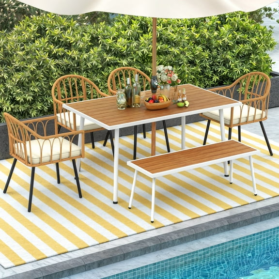 Craftian 6 Pieces Outdoor Patio Dining Set, Conversation Set of 4 Rattan Wicker Patio Dining Chair & 1 Bench and Table with Umbrella Hole