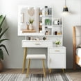 thumbnail image 4 of Stylish Vanity Set with Sliding 3-Color LED Bulbs Lighted Mirror, Minimalism Dressing Table with Hidden Storage Cabinet and Bedside Table, 2 Drawers, 3 Shelves, Dressing Stool, 4 of 6