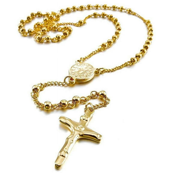 Stainless Steel Pendant Necklace Gold Crucifix Rosary Retro 23 Inch Chain Man Woman
