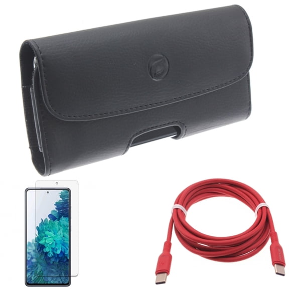 Screen Protector & Red 6ft Long Cable & Case Belt Clip for Samsung Galaxy S20 Fan Edition - Anti-Glare Tempered Glass   USB-C to Type-C PD Fast Charger   Leather Holster Combo