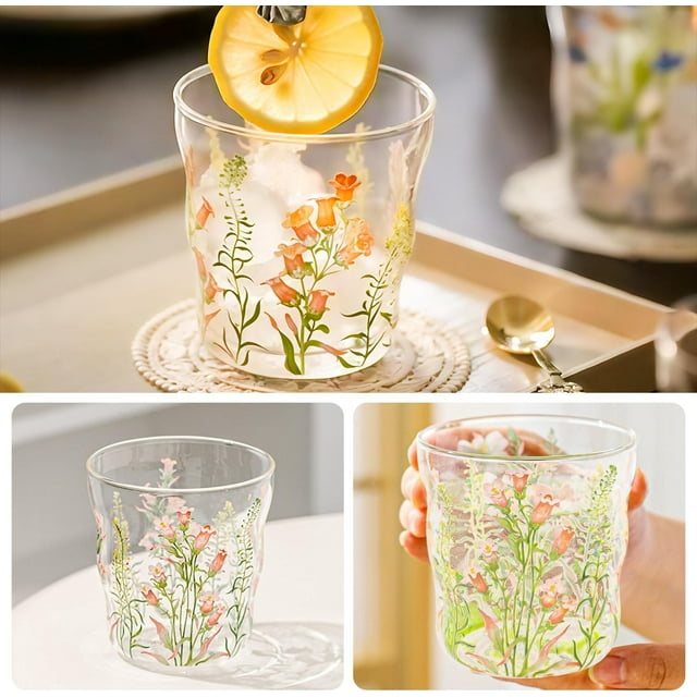Taza de café y té, Taza de zumo, cristal borosilicato con estampado de flores, Resistente al calor y al frío, Regalo para cumpleaños Navidad