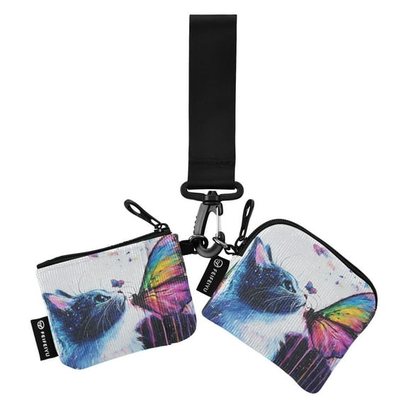 Portable Coin Purse Two 4.13x4.13 Iinches 4.13x3.5 Inches Wrist Coin Purse Keys Coin Purse Portable Women's Purse Cat Butterfly