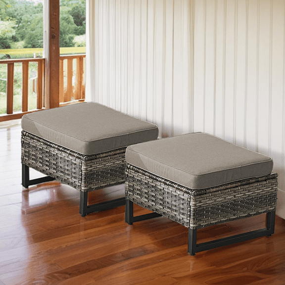 PARKWELL 2PCS Patio Rattan Ottoman Seat Foot Rest Side Table with Cushions for Indoor Outdoor,Gray