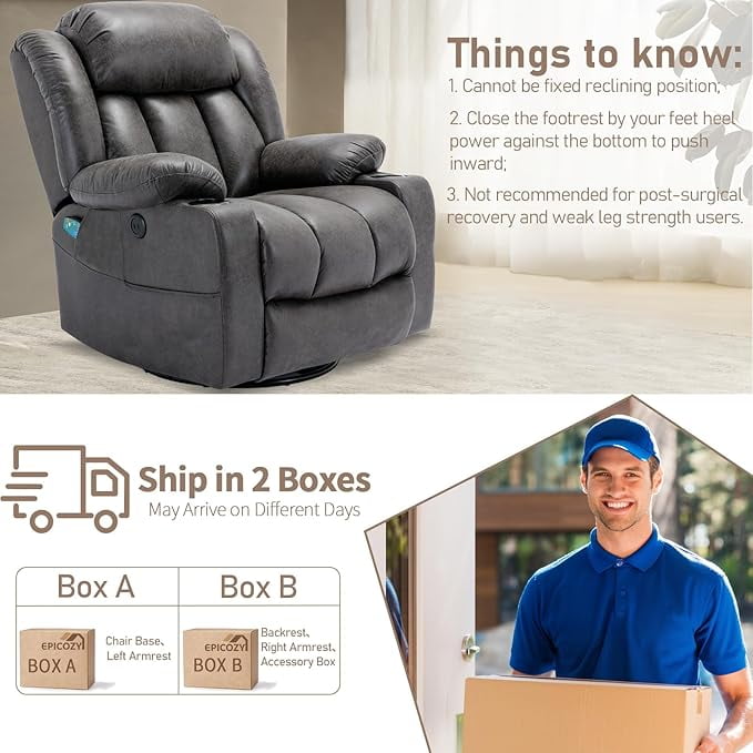 EPICOZY  360° Swivel Rocker Recliner Chair with Heat and Massage, Manual Glider Rocking Reclining Chair, Swivel Overstuffed Lounge Reclining Chair with 2 Cup Holders, Side Pockets & USB Ports, Grey