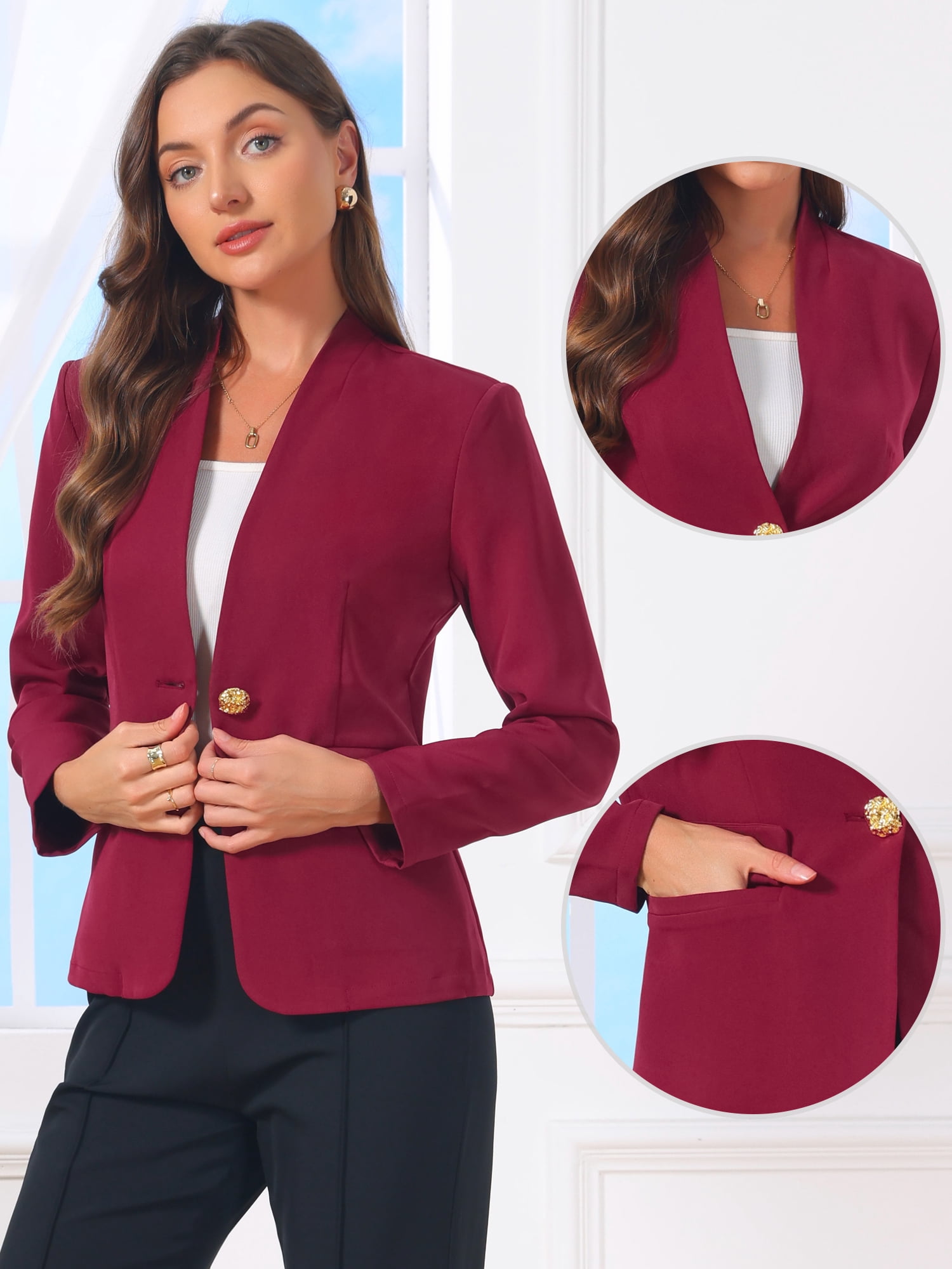 DARING DIVA Women's Office Single Breast Long Sleeve Collarless Blazer XS Wine Red