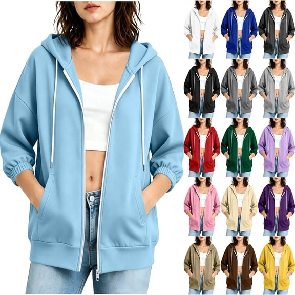 Otntypg Womens Zip Up Hoodie Jackets Lightweight Casual Fall 3/4 Length Sleeve Drawstring Oversized Hooded Pullover Sweatshirts Loose Fit Y2k Streetwear Jacket with Pockets