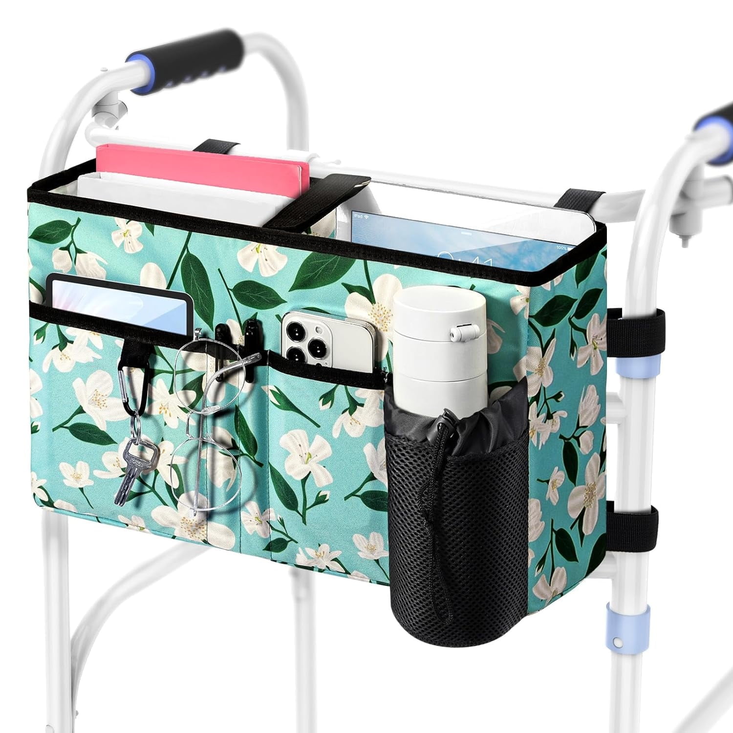 Rhino Valley Walker Bag, Multi Pockets Folding Walker Basket Tote Bag with Cup Holder, Hand-Free Carry Pouch Storage Bag for Universal Walkers, Large Capacity Organizer for Seniors Elderly, Flower
