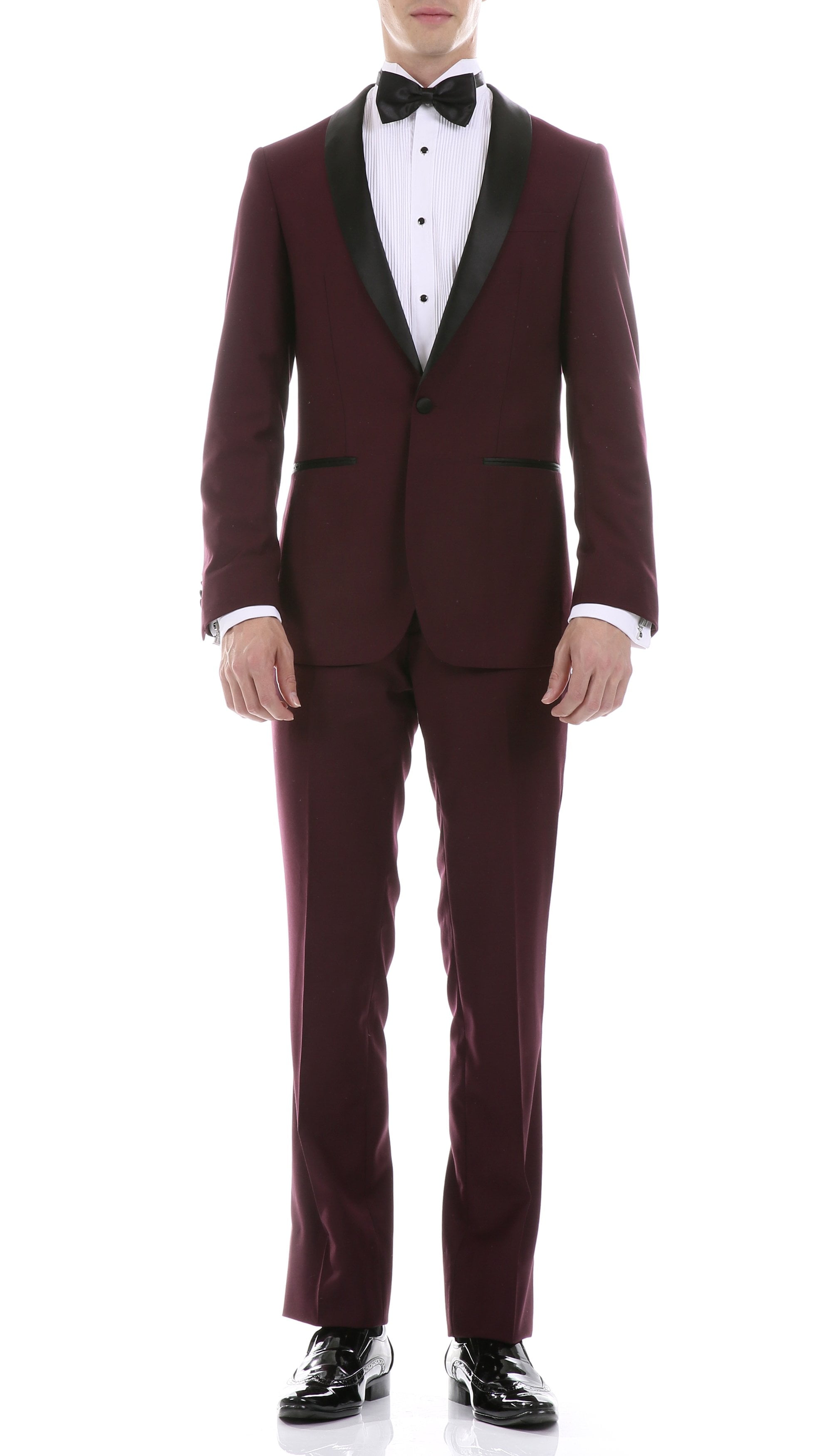 Ferrecci Men's Reno Burgundy Slim Fit Shawl Collar Lapel 2 Piece Tuxedo Suit Set - Tux Blazer Jacket and Pants (48 Long), Red
