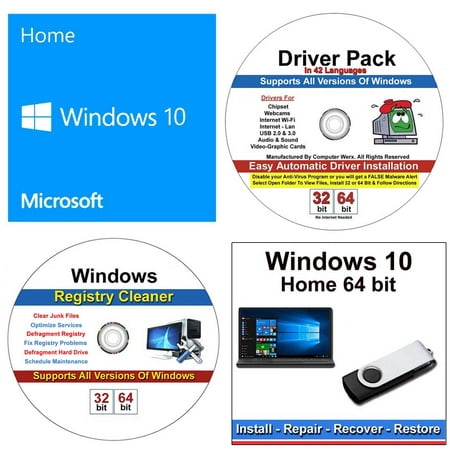 Microsoft Windows 10 Home & Repair restore & Recover USB Flash Drive & Drivers Pack & Registry Cleaner, 4PK