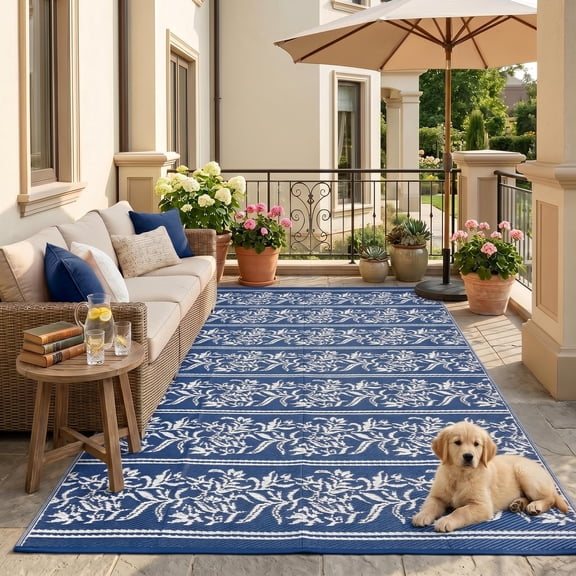 Outdoor Rugs 9x12 Waterproof Reversible Mat Boho Leaf Patio Rug with 4 Stakes and Starage Bag, Large Outdoor RV Mat Rugs for Camping, Picnic, Balcony, Deck, Backyard, Navy Blue & White