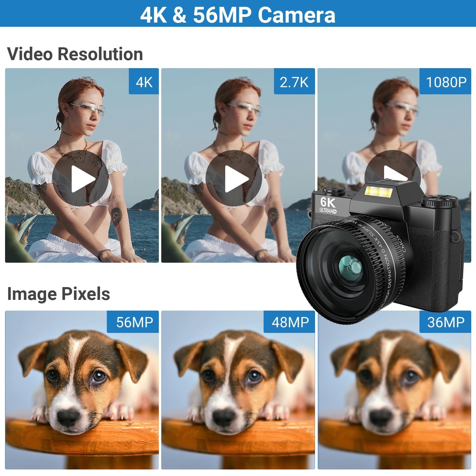Saneen Digital Camera 6K 64MP Wifi Vlogging Cameras for YouTube 3''180° Flip Screen 16X Zoom 32GB SD Card 52mm Lens Black