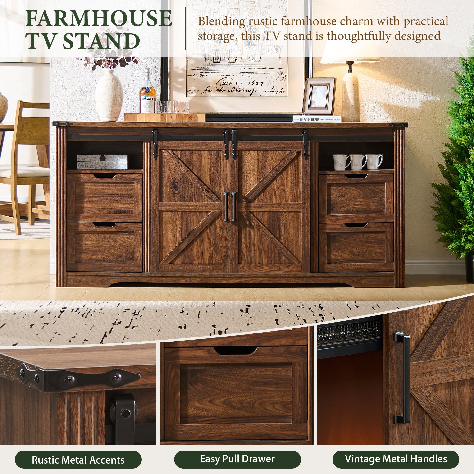 IFMUST Farmhouse Fireplace TV Stand for TVs up to 80", 30" Electric Fireplace & Barn Door