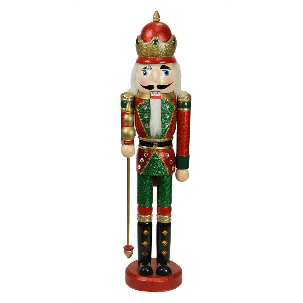 24" Decorative Red and Green Wooden Christmas Nutcracker King with Scepter