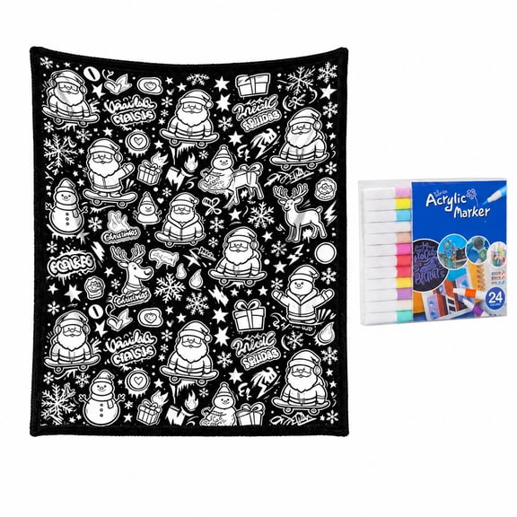 LEVEO Christmas Coloring Blanket Reusable DIY Colorable Throw Blanket,DIY Washable Colorable Throw Blanket with 24 Markers,Holiday Decorations(#A)
