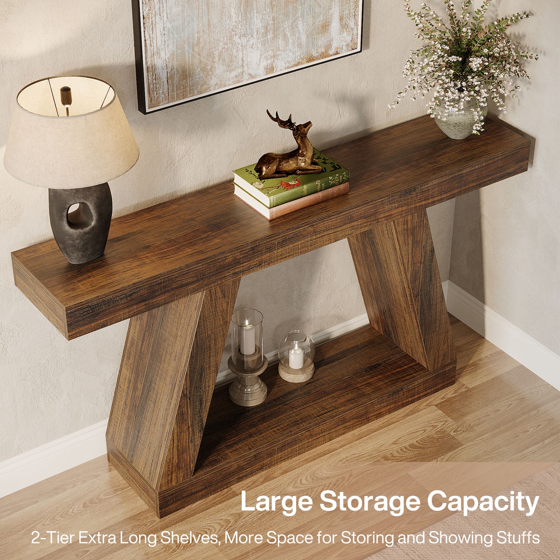 Fnova 55" Farmhouse Console Table, 2-Tier Storage Sofa Table, Long Wood Entryway Table for Hallway, Living Room, Easy Assembly