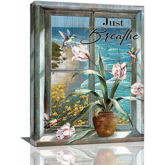 Beach Wall Art Rustic Beach Landscape Pictures Wall Decor Country Flower Painting Just Breathe Canvas Prints Home Artwork Framed Decor for Bathroom Bedroom Living Room 12"x16"