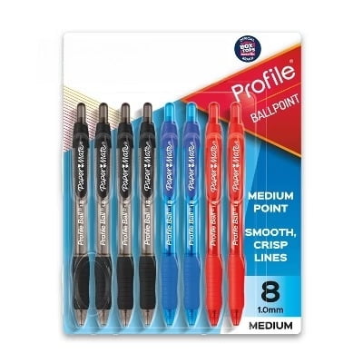 Paper Mate Profile 8pk Ballpoint Pens 1.0mm Medium Tip Multicolored: Retractable, Contoured Grip, Assorted Ink Colors