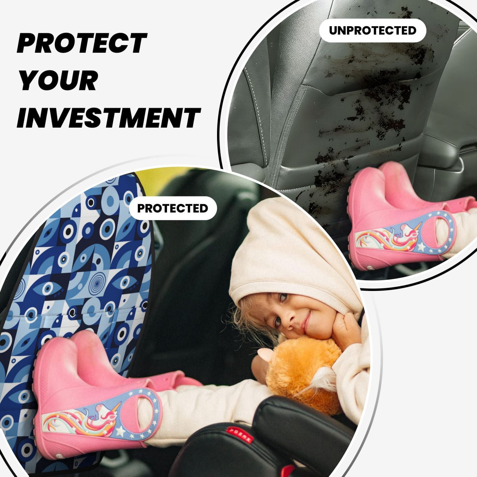 Kdxio Evil Eye Print 2 Pack Car Kick Mat Seat Cover Back Protector Mat with Pockets for Organizer Backseat Protector and Storage Anti Kick Pad for Vehicles