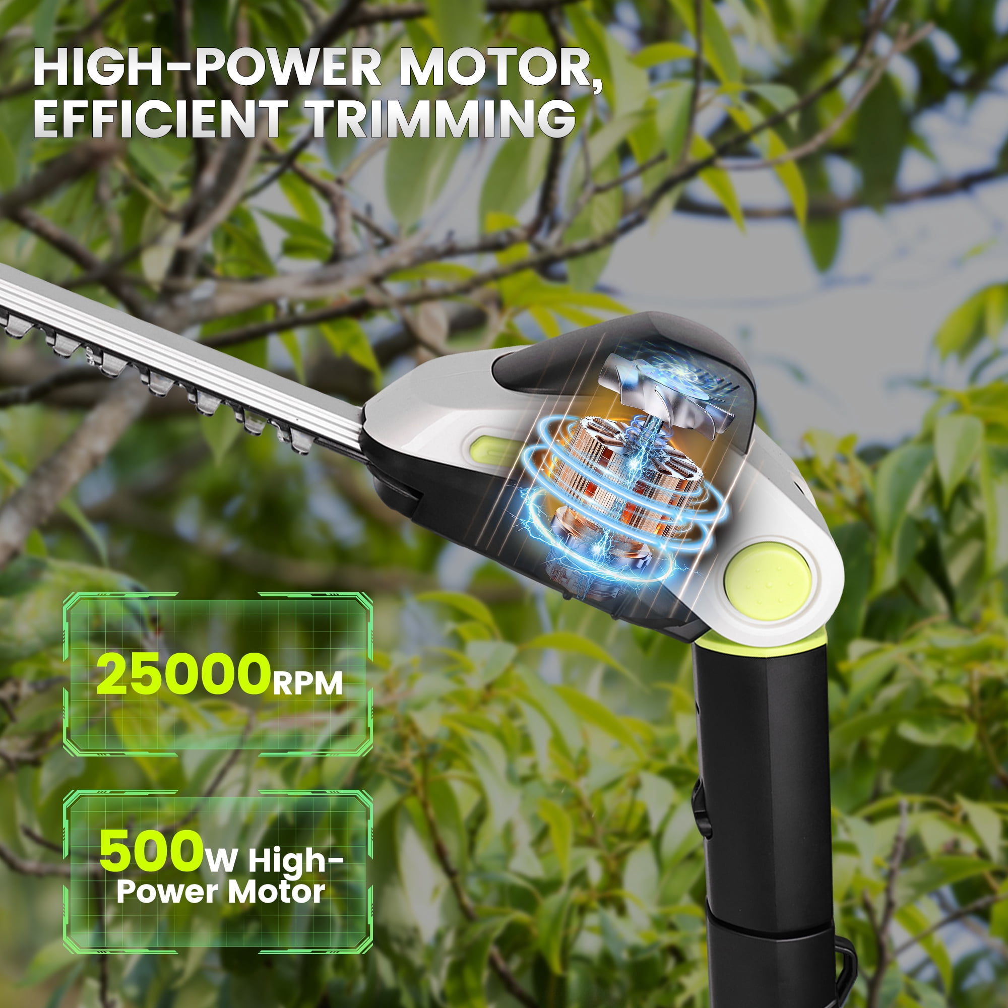 HOTREE 21V Cordless Pole Hedge Trimmer with 2 x 2.0Ah Batteries and Charger, 12ft Reach 3-in-1 Foldable Hedge Shrub Trimmer and Grass Shear ,Grey