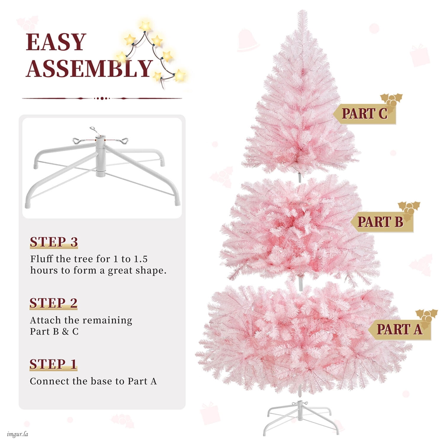 Alden Design 6FT Artificial Pre-lit Christmas Fir Tree with Foldable Stand and 300 LED Warm Lights,Pink
