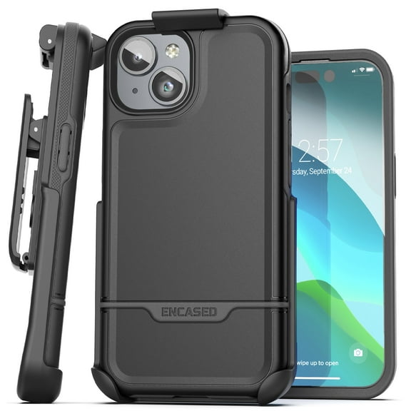 Encased Rebel Designed for iPhone 15 Belt Clip Case, Protective Shockproof Phone Case with Holster (Black)