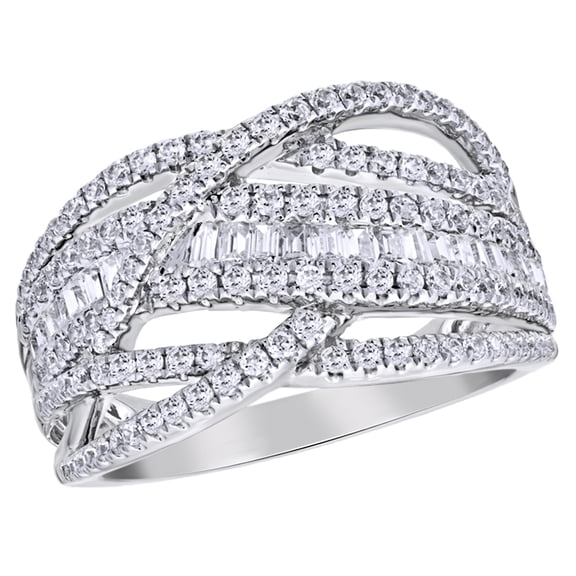 AFFY Round & Baguette Shape White Natural Diamond Loose Braid Ring in 10K White Gold (1 cttw)
