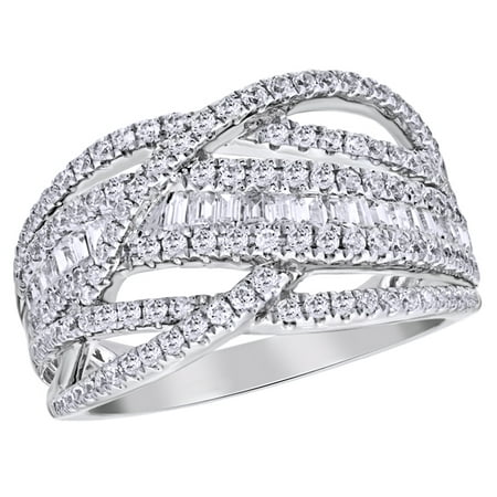 Round & Baguette Shape White Natural Diamond Loose Braid Ring in 10K White Gold (1 cttw)