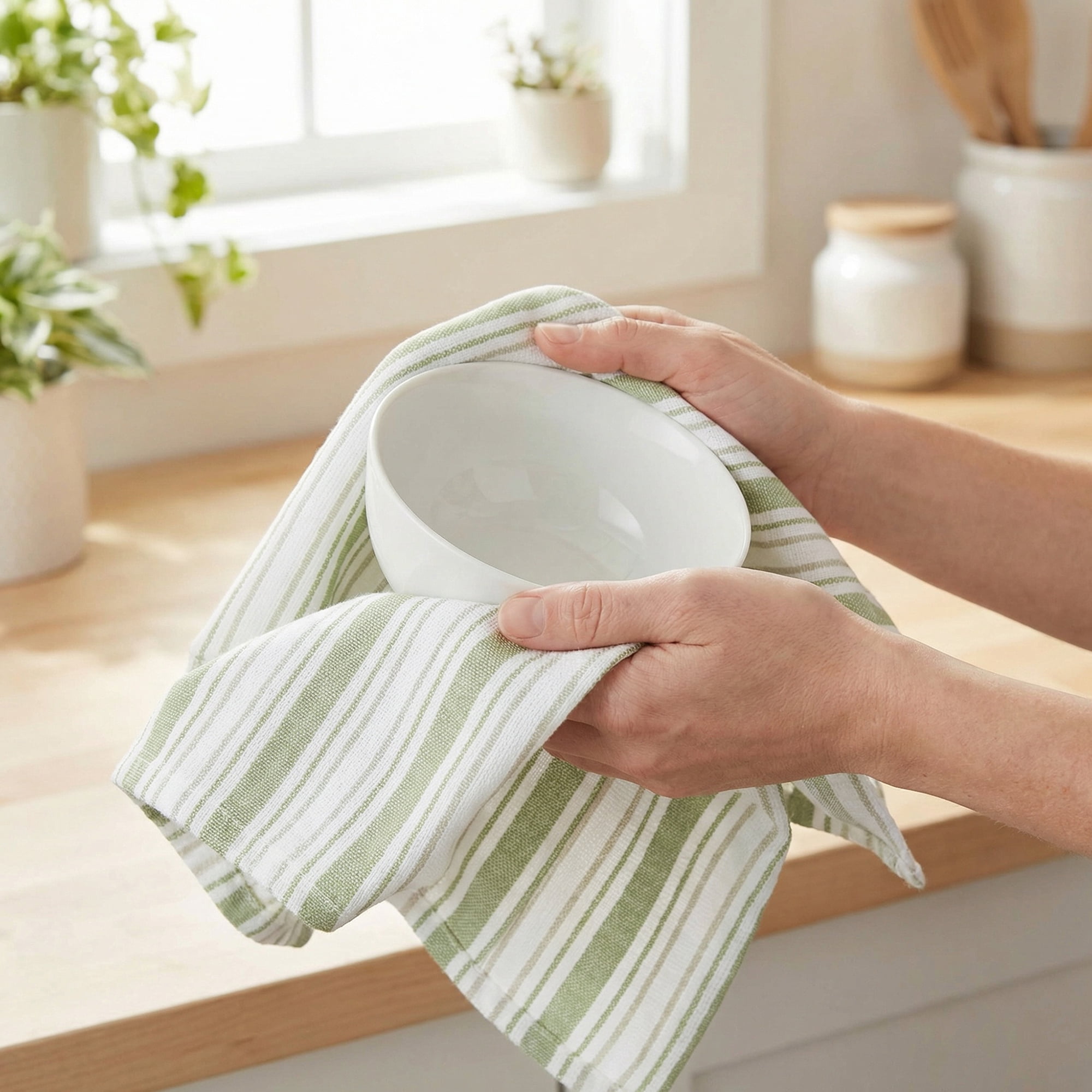 Unique Bargains Striped Cotton Kitchen Towels Khaki 4 Pack Green/Black 26" x 18"