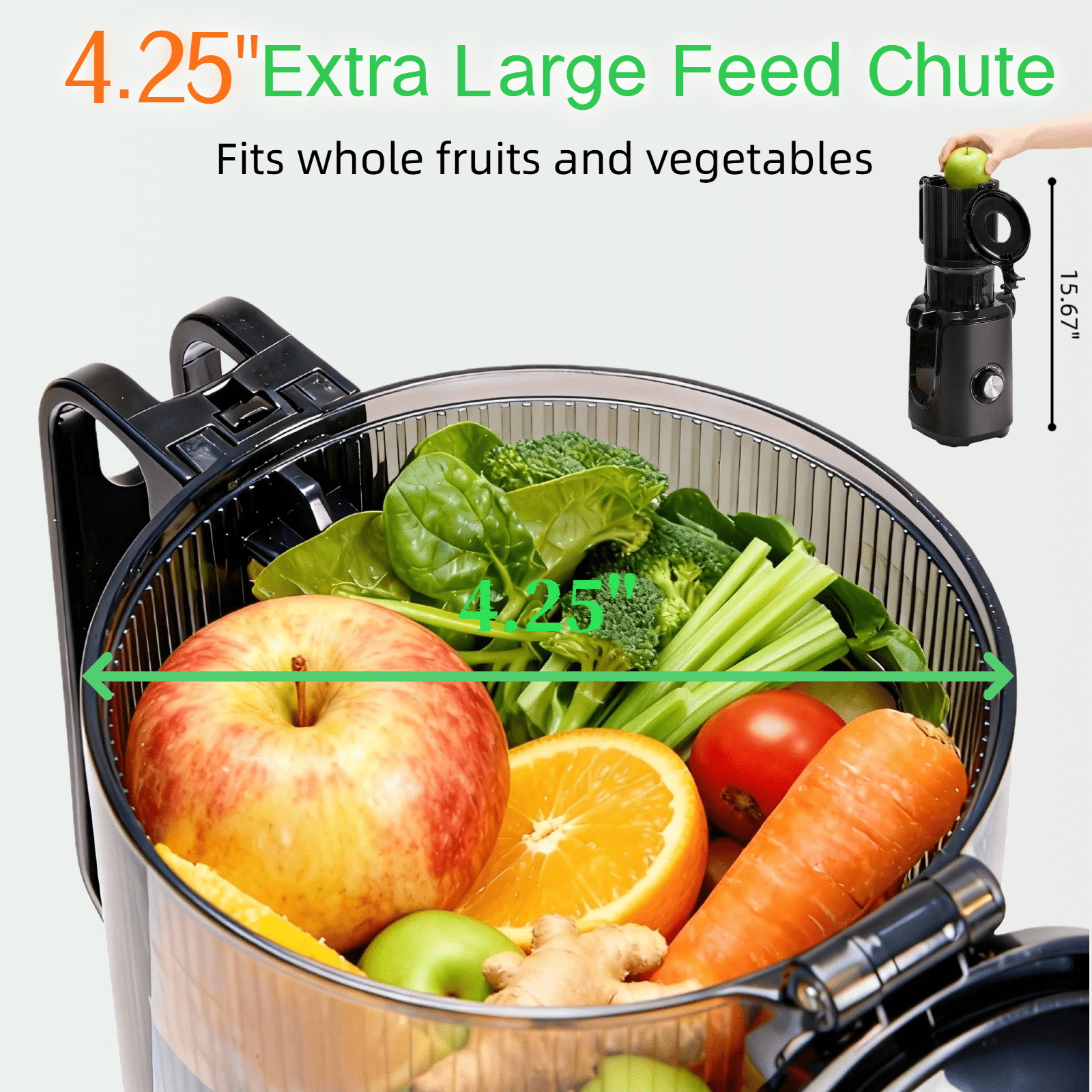 LIFERECORD Cold Press Juicer, 4.25" Extra Wide Mouth Masticating Juicer Machine, Easy to Clean Slow Juicer for Whole Fruits Vegetables, High Juice Yield, Self Feeding