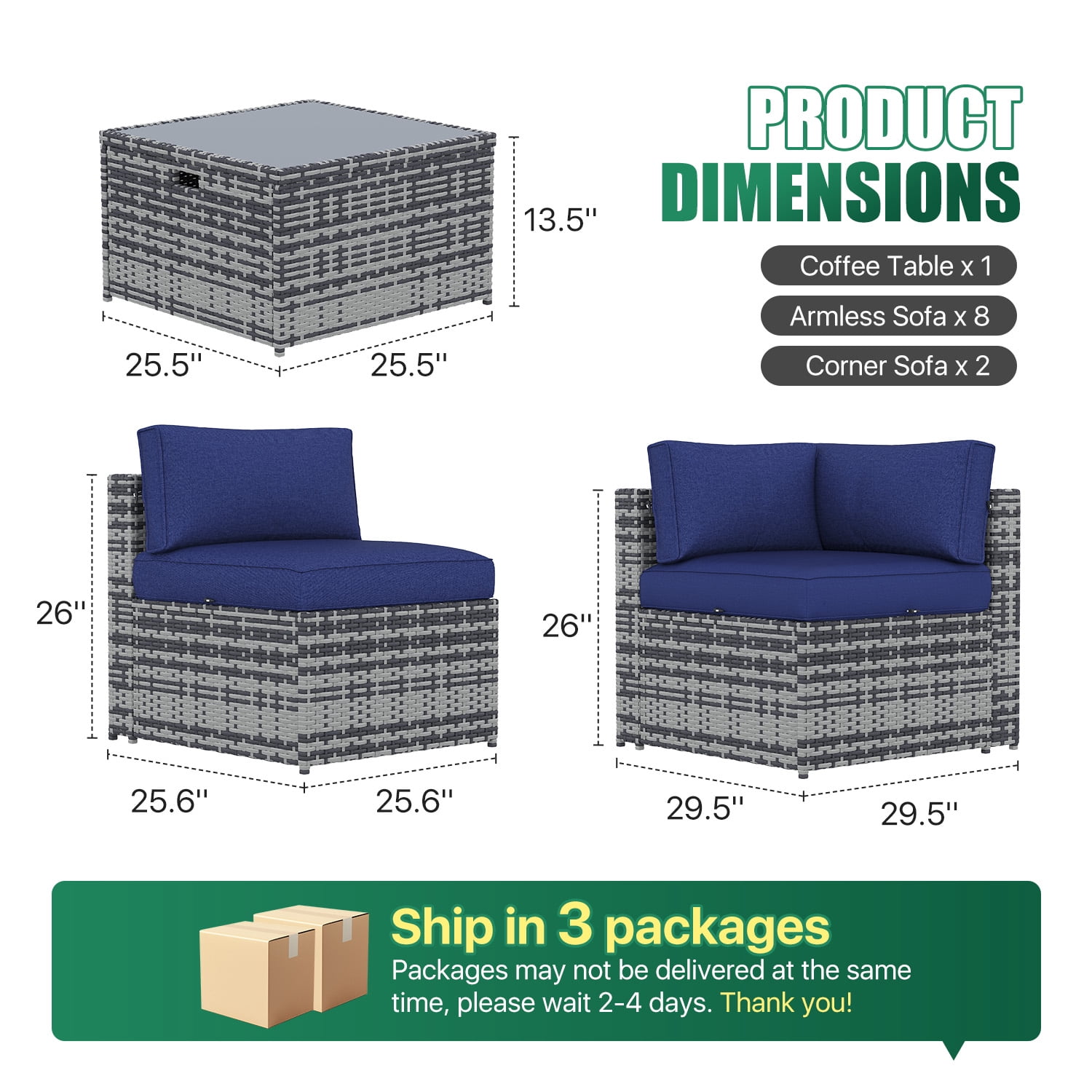 Clouddwell 11 Piece Patio Furniture Set Wicker Rattan Patio Conversation Set Outdoor Sectional Sofa Set with Coffee Table and Blue Cushions(Waterproof Cover Included)