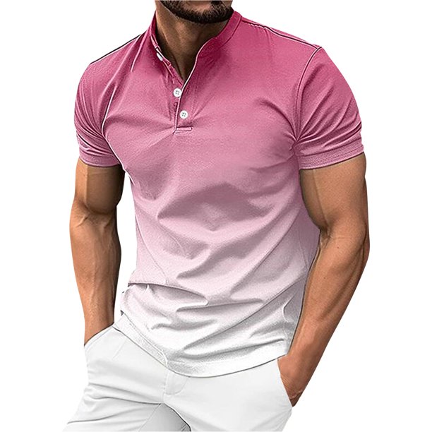 Summer Men's Button Up Round Neck Short Sleeved Shirt Solid Casual Top L