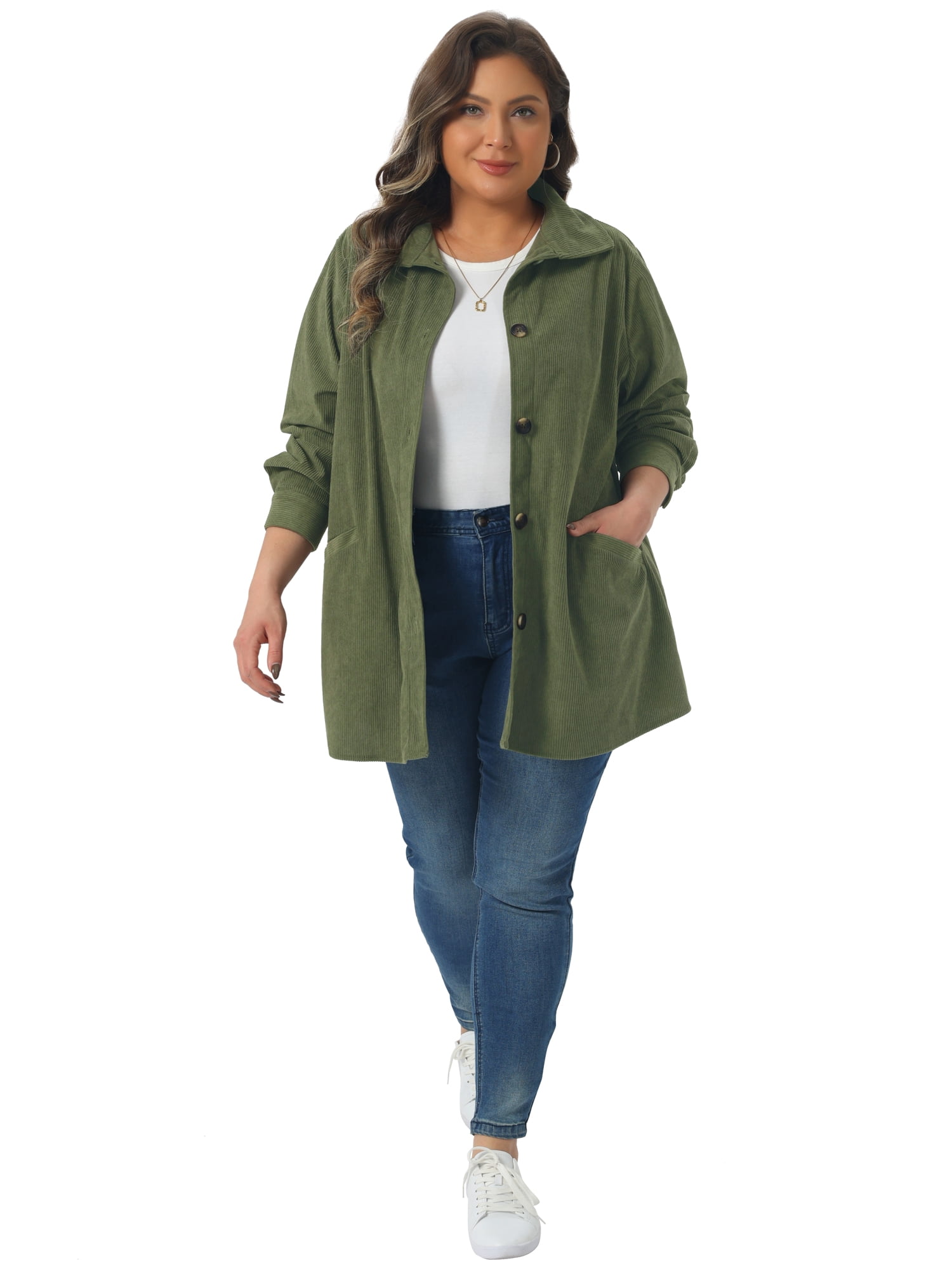 DARING DIVA Women's Plus Corduroy Long Sleeve Button Down Shacket Jacket 1X Army Green