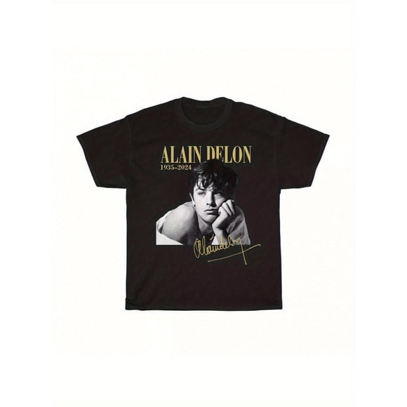 Alain Delon Tribute T-Shirt 1935-2024 - Unisex Black Cotton Tee with Signature & Portrait Print, Bohemian Textured Design, Ma