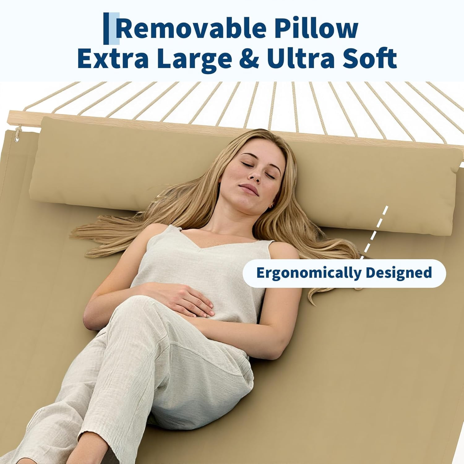 IdealHouse Double Quilted Fabric Hammock with Hardwood Spreader Bars and Pillow 450 LBS Capacity 2 Person Large Hammock for Outdoor Patio Backyard Poolside（Tan）