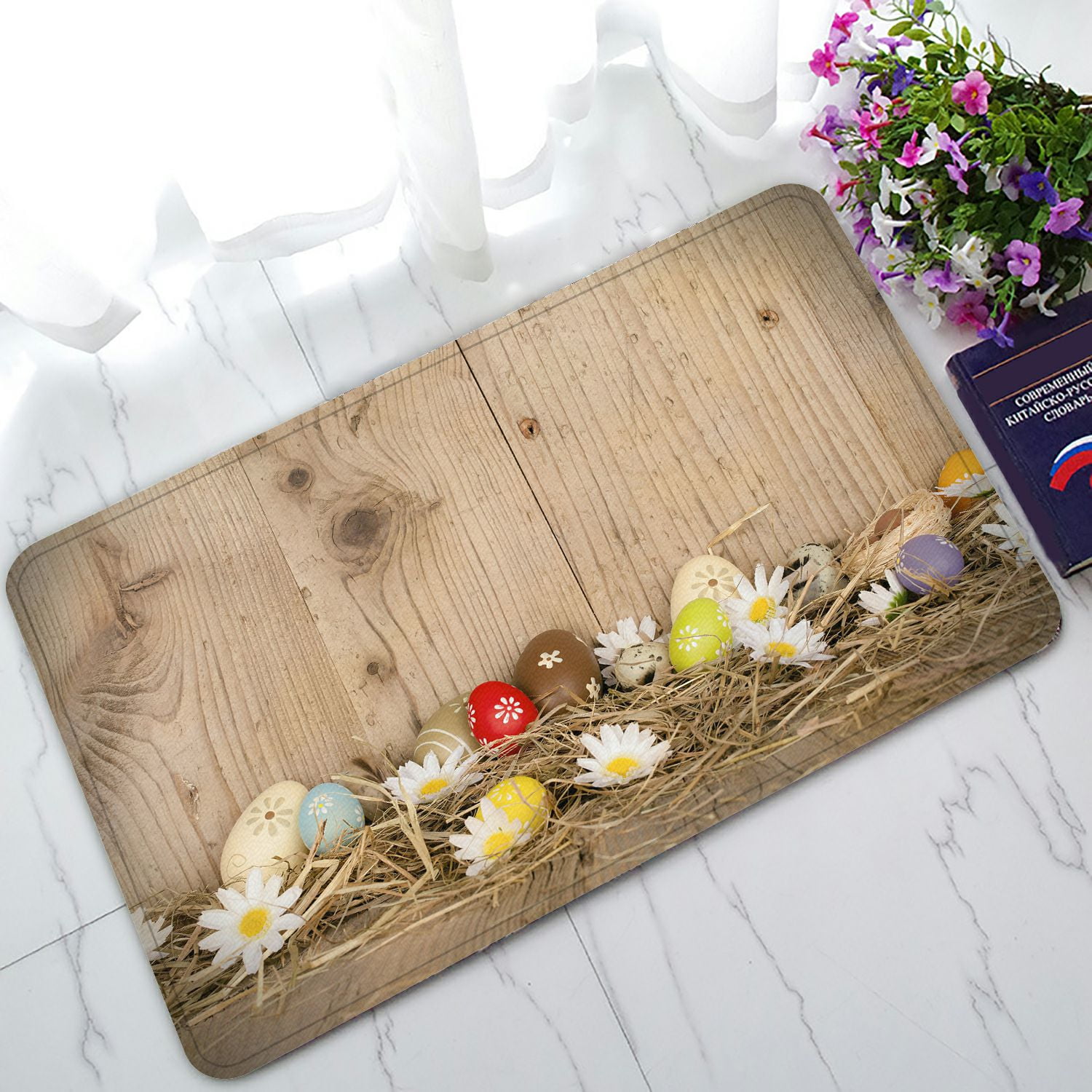 ABPHQTO Easter Colored Eggs Nest Wooden Surface Around Doormat Entrance