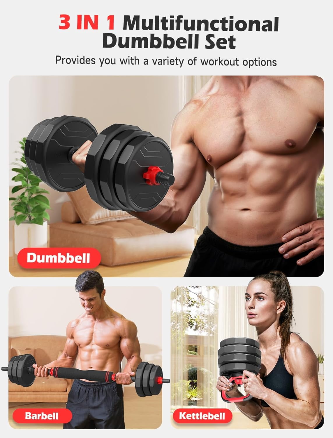 90lbs Free Weight Set with Connector, 5 in1 Dumbbells Set Used as Barbell, Kettlebells, Push up Stand, Fitness Exercises for Home Gym Suitable Men/Women