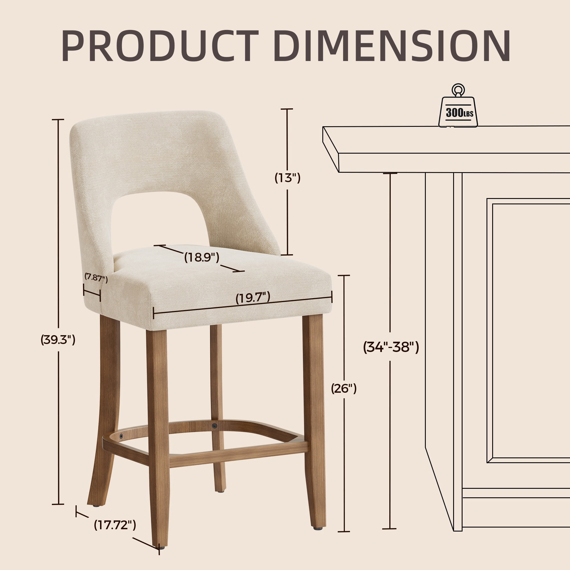 PORKISS 26" Bar Stools Set of 2, Upholstered Kitchen Island Stools with Hollow Back, Mid-Century Counter Stools with Wood Legs Footrest, Beige