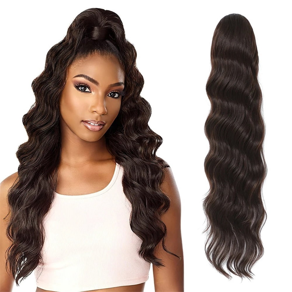 28 Inch Long Loose Deep Wave Pony Tail Synthetic Hair Pieces Drawstring Curly Wavy Ponytail Clip in Hair Extensions