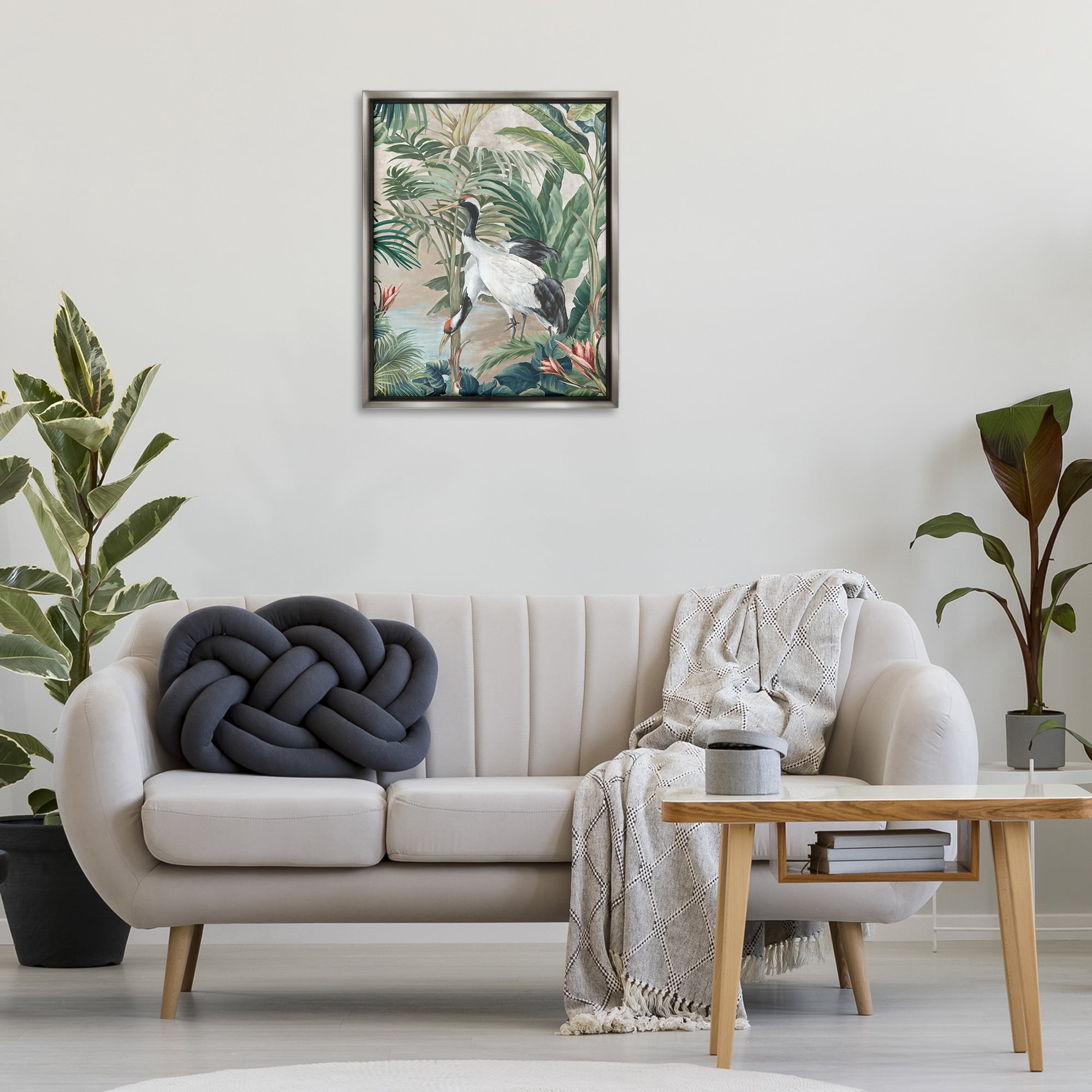 Stupell Industries Tropical Oasis Cranes Animals Painting Gray Floater Framed Canvas Art Print Wall Art, 25 x 31