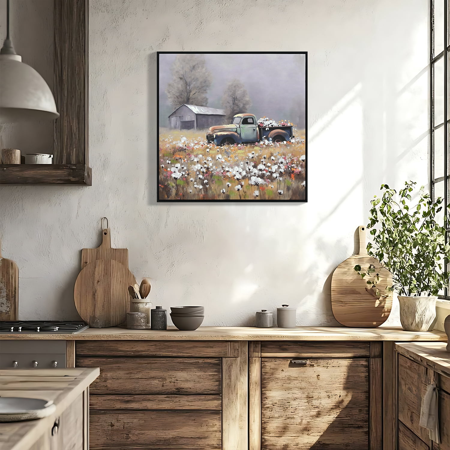 MOONMISS 24x24 Farmhouse Vintage Truck Canvas Wall Art Blue Red Floral Country Rustic Living Room Decor