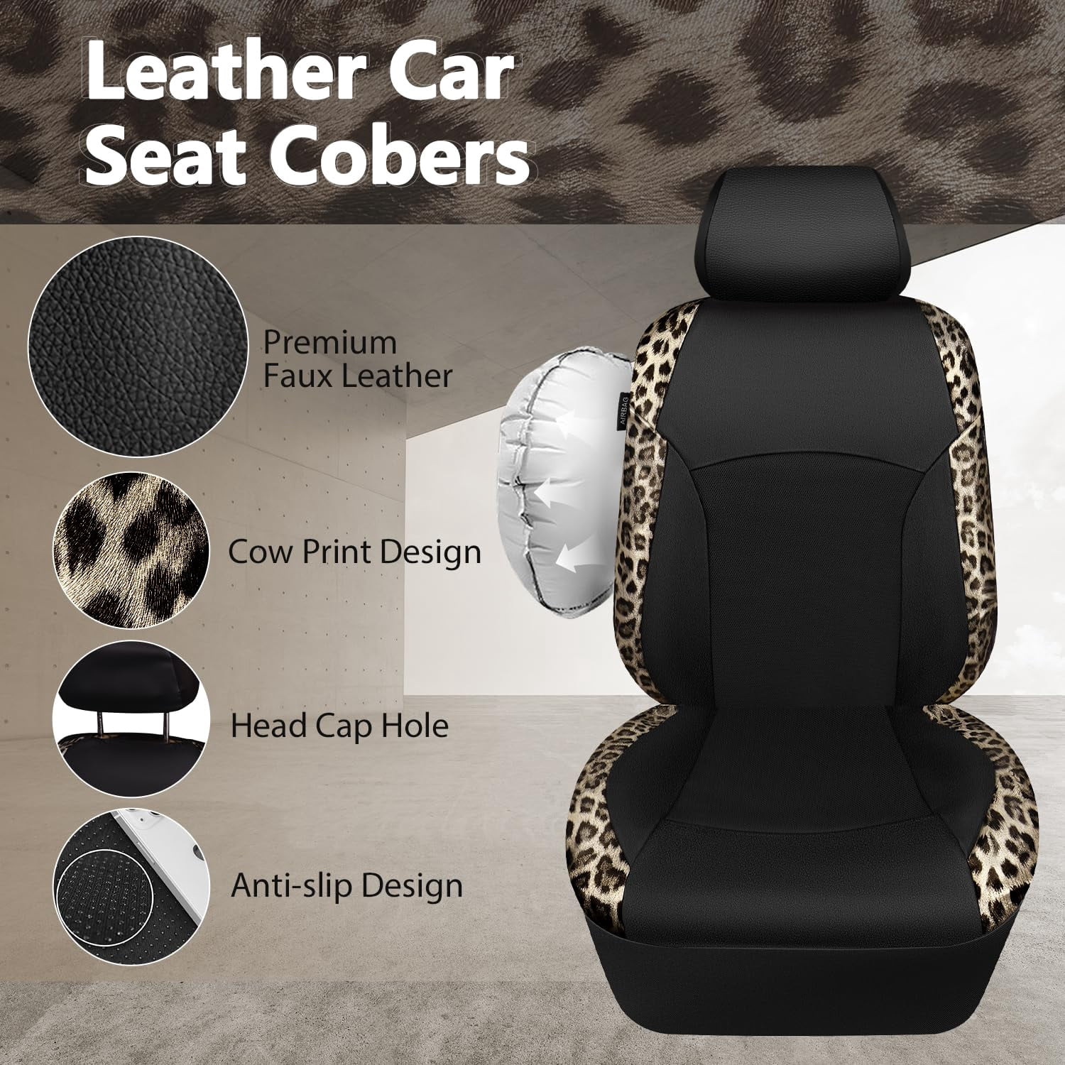 CAR PASS Leopard Print Faux Leather Car Seat Covers & Leopard Car Mats&Leopard Steering Wheel Cover Seat Belt Pad Universal Car Accessories for SUV,Van,Saden,Truck Automobile Interior Sets