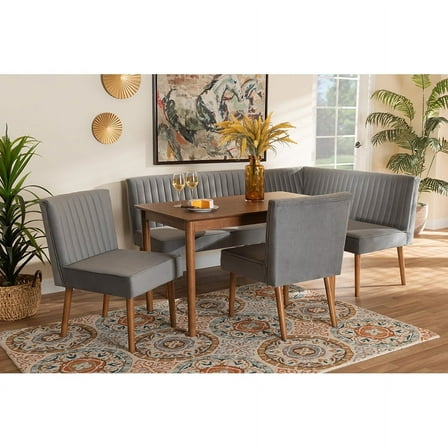 Baxton Studio Alvis Mid-Century Modern Emerald Green Velvet Upholstered and Walnut Brown Finished Wood 5-Piece Dining